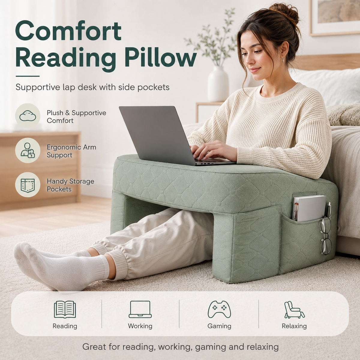 Oversized Reading Support Pillow with Side Pockets, Memory Foam Lap Desk Cushion for Reading, Gaming, Working and Relaxing