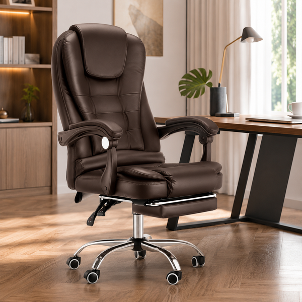 Ergonomic Executive Office Chair with Reclining Backrest, Extendable Footrest, Padded Armrests, Adjustable Height and PU Leather Finish for Home Office