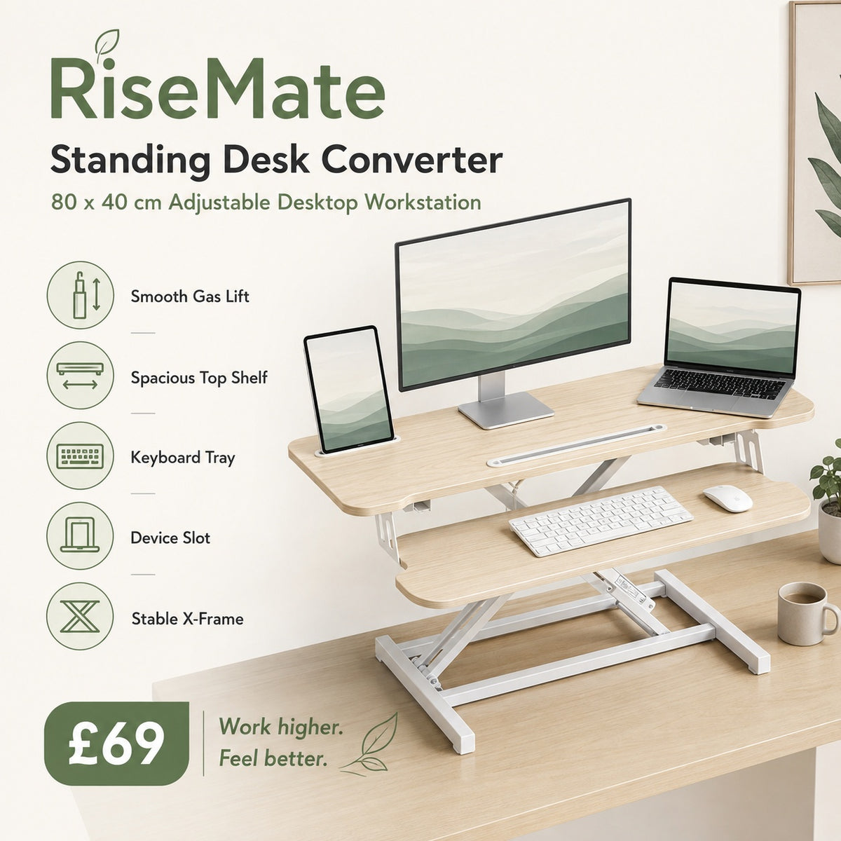 RiseMate Standing Desk Converter, 80 x 40 cm Height Adjustable Desktop Workstation with Keyboard Tray, Device Slot, Gas Lift and Stable X-Frame