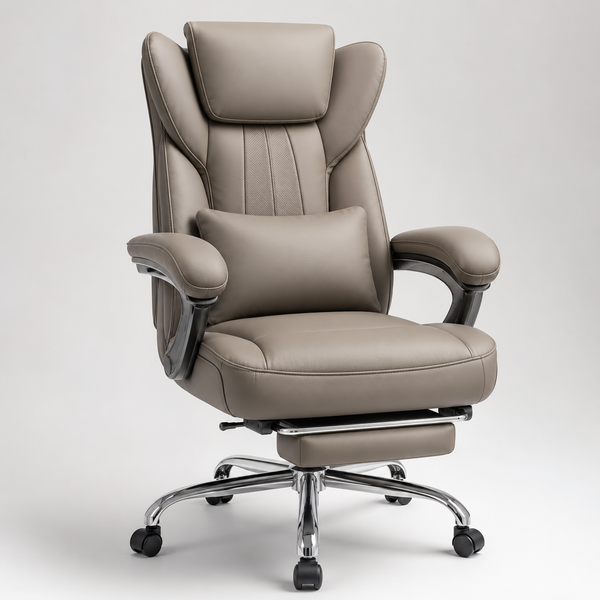 LumaRest Executive Reclining Office Chair with Pull Out Footrest, Wide Cushioned Seat, Lumbar Pillow, Padded Armrests and Adjustable Swivel Base