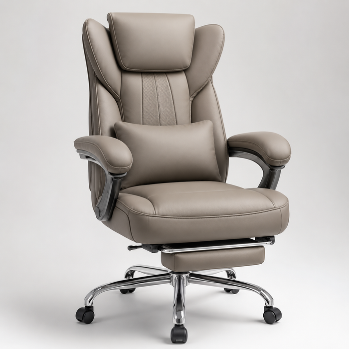 LumaRest Executive Reclining Office Chair with Pull Out Footrest, Wide Cushioned Seat, Lumbar Pillow, Padded Armrests and Adjustable Swivel Base