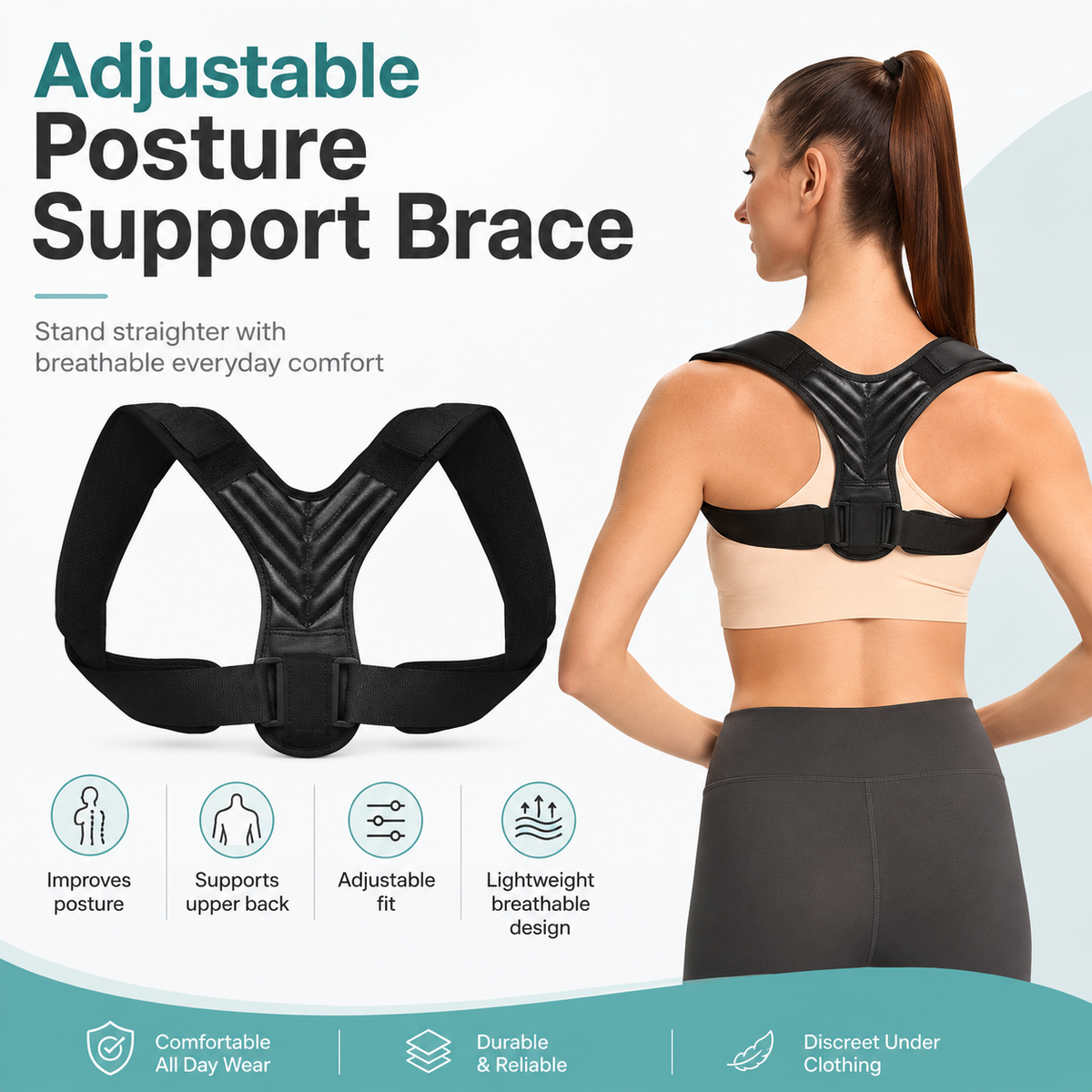 Adjustable Back & Shoulder Support Brace for Men and Women – Posture Support Belt with Comfortable Straps for Everyday Wear