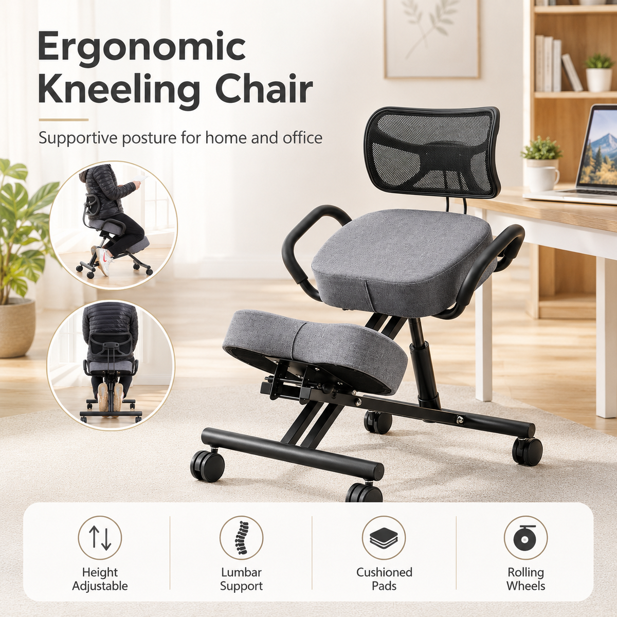 Ergonomic Kneeling Chair with Lumbar Backrest, Height Adjustable Seat, Cushioned Knee Pads and Rolling Wheels for Home Office