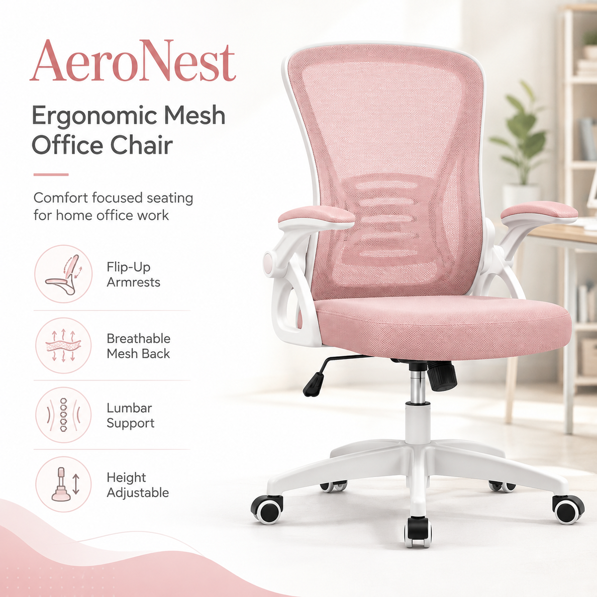 AeroNest Ergonomic Mesh Office Chair with Flip Up Armrests, Built In Lumbar Support, Adjustable Height and Smooth Swivel Base