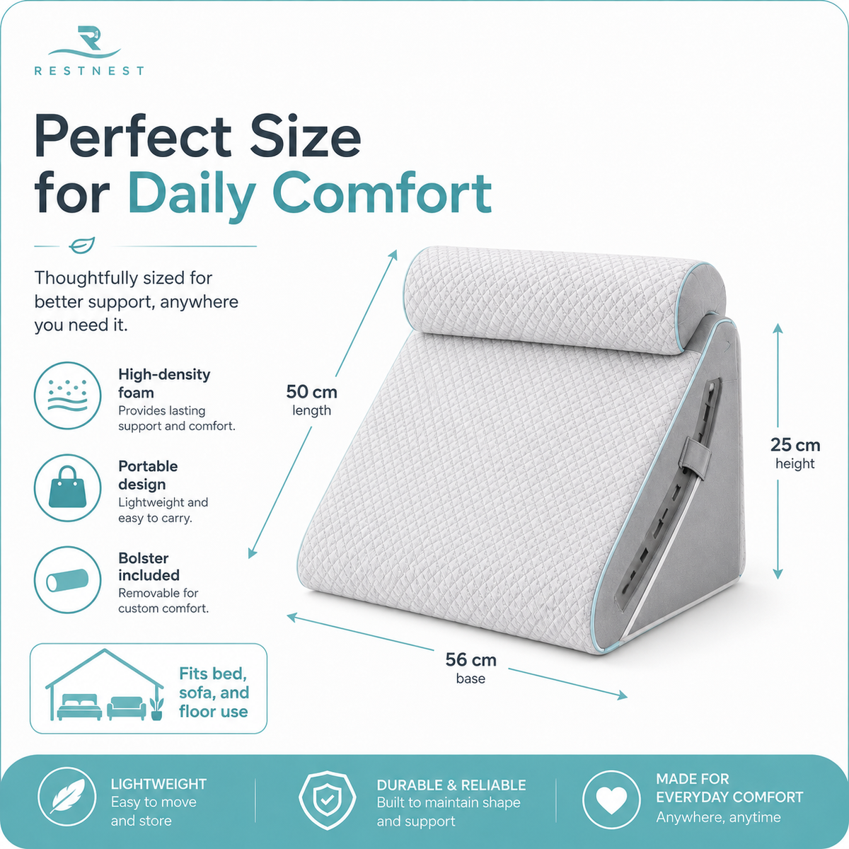 RestNest Adjustable Bed Wedge Pillow with Bolster | Cooling Knit Cover, 20 Flexible Positions, Memory Foam Comfort Support