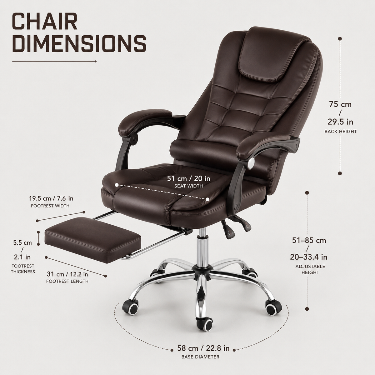 Ergonomic Executive Office Chair with Reclining Backrest, Extendable Footrest, Padded Armrests, Adjustable Height and PU Leather Finish for Home Office