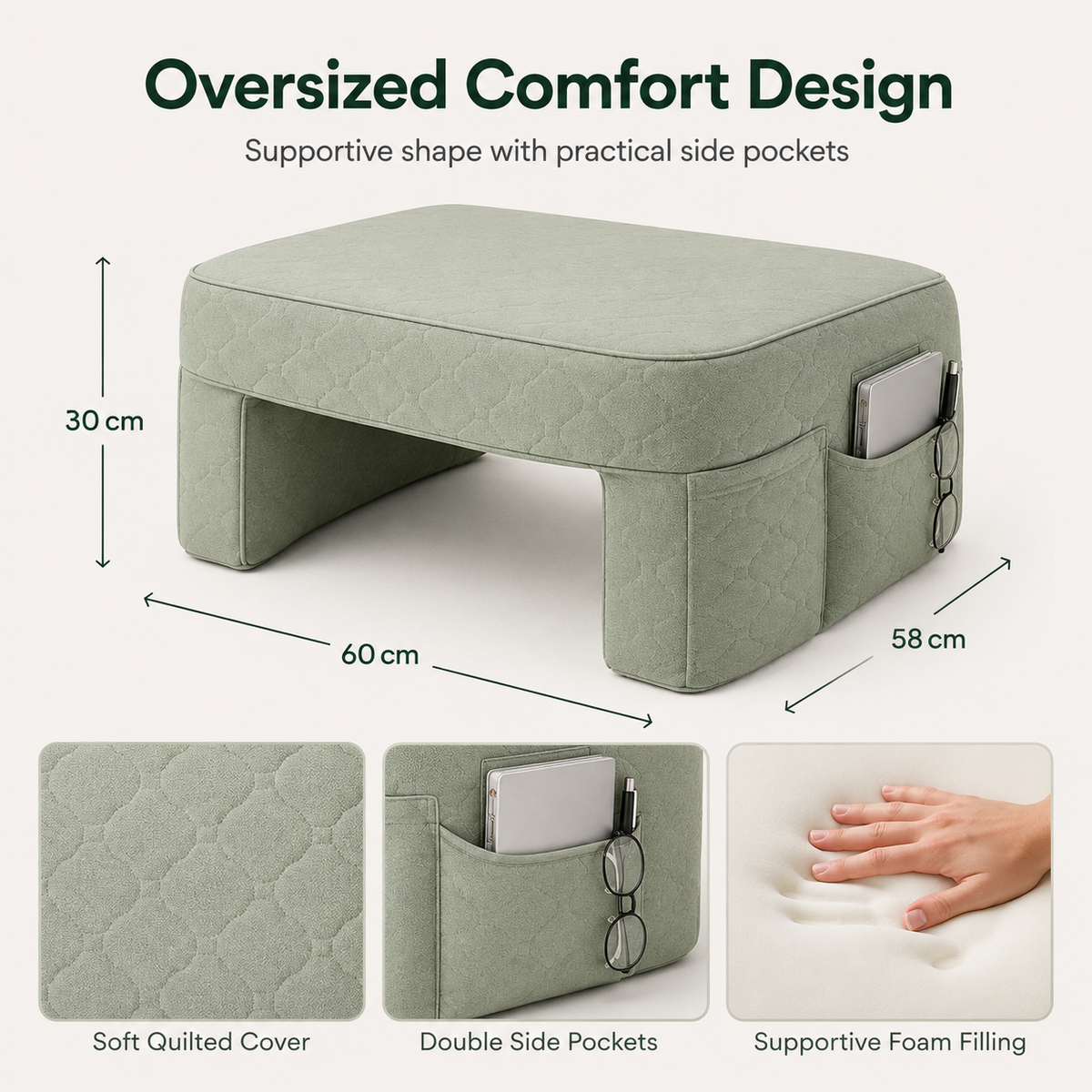 Oversized Reading Support Pillow with Side Pockets, Memory Foam Lap Desk Cushion for Reading, Gaming, Working and Relaxing