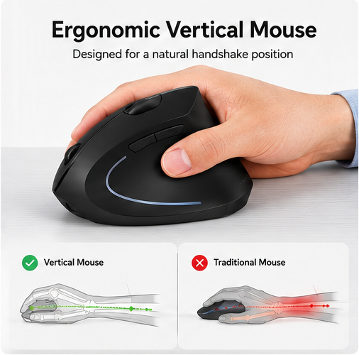 Ergonomic Vertical Wireless Mouse – Rechargeable Bluetooth Mouse with USB Receiver, 6 Buttons, Adjustable DPI and Quiet Clicks for Right-Handed Users