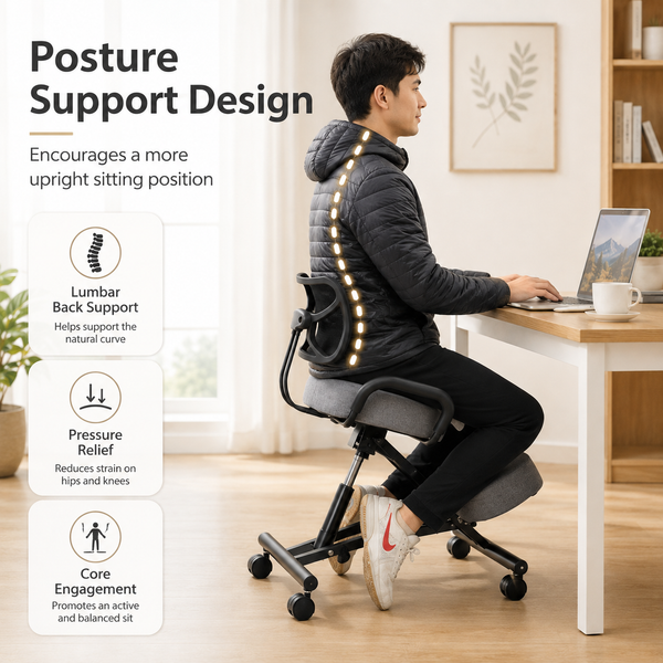 Ergonomic Kneeling Chair with Lumbar Backrest, Height Adjustable Seat, Cushioned Knee Pads and Rolling Wheels for Home Office