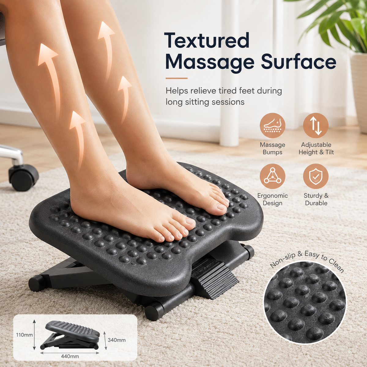 Adjustable Under Desk Footrest with Massage Texture, 3 Height Levels and Rocking Tilt, Non Slip Ergonomic Foot Stool for Office, Home and Study