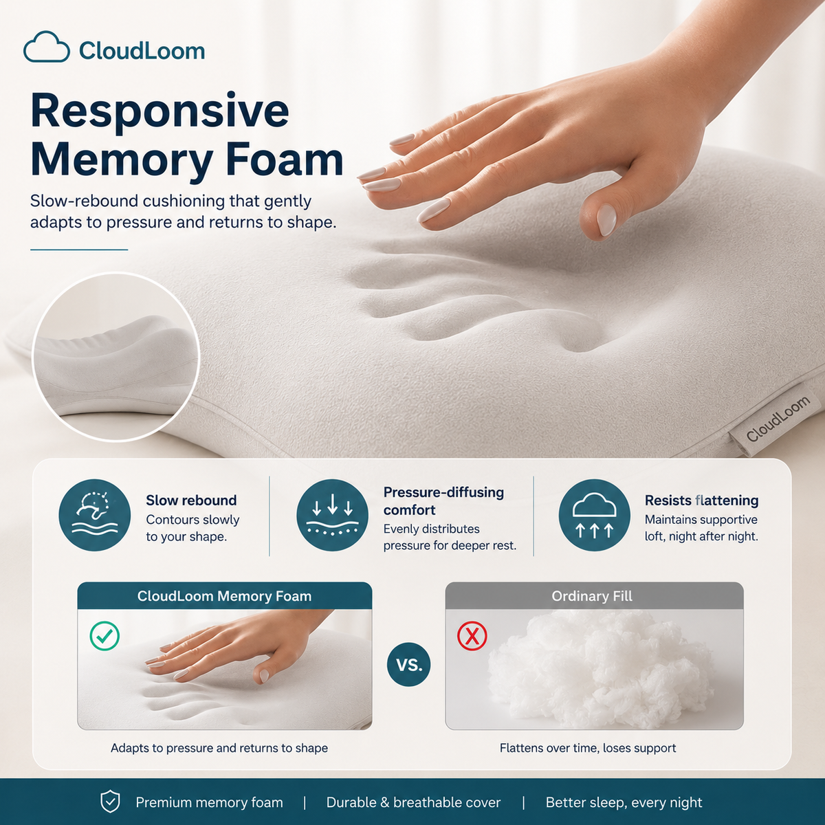CloudLike Contour Sleep Pillow | Ergonomic Memory Foam Neck Support Pillow for Back and Side Sleepers