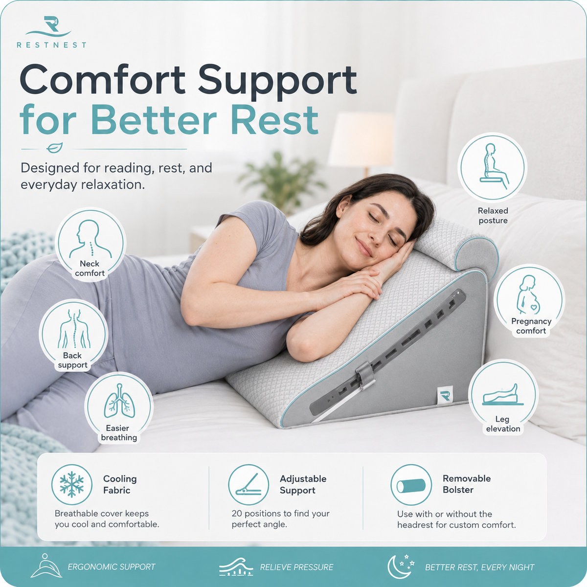 RestNest Adjustable Bed Wedge Pillow with Bolster | Cooling Knit Cover, 20 Flexible Positions, Memory Foam Comfort Support