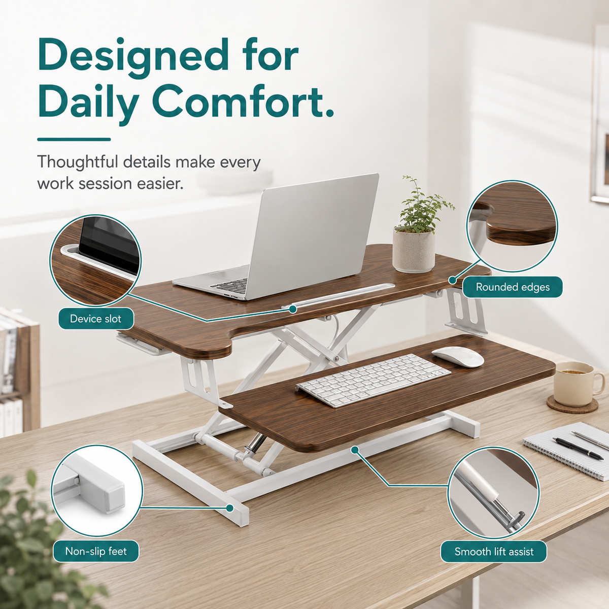 Height Adjustable Standing Desk Converter – Desktop Workstation Riser with Keyboard Tray, Dual Monitor Support & Tablet Holder, 80 x 40 cm