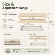 RiseMate Standing Desk Converter, 80 x 40 cm Height Adjustable Desktop Workstation with Keyboard Tray, Device Slot, Gas Lift and Stable X-Frame