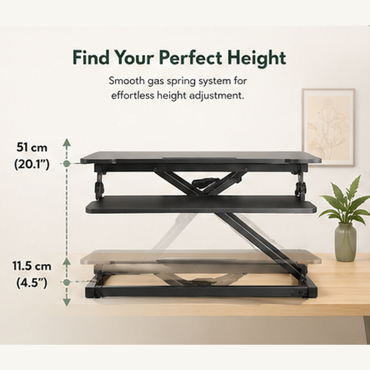 RiseMate Standing Desk Converter, 80 x 40 cm Height Adjustable Desktop Workstation with Keyboard Tray, Device Slot, Gas Lift and Stable X-Frame