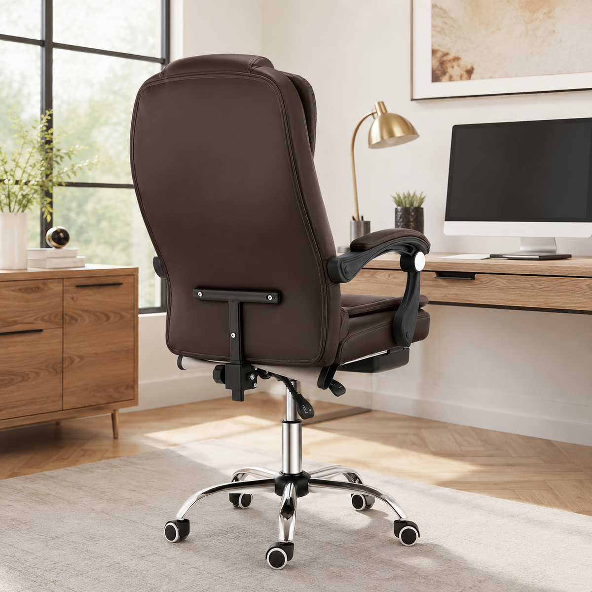 Ergonomic Executive Office Chair with Reclining Backrest, Extendable Footrest, Padded Armrests, Adjustable Height and PU Leather Finish for Home Office