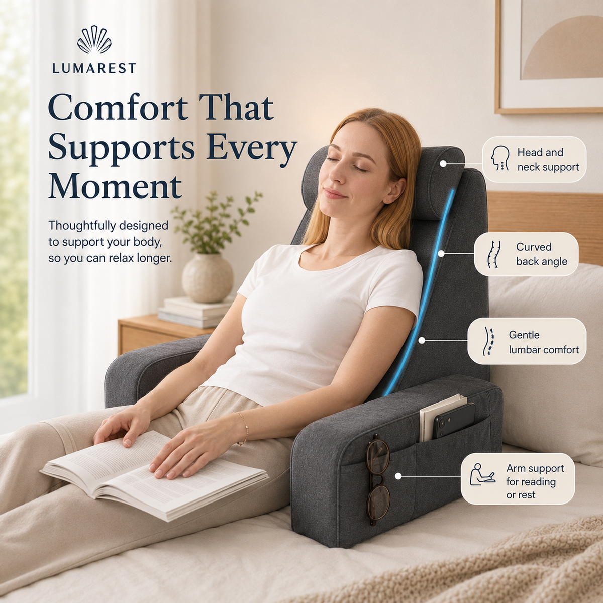 Extra Large Memory Foam Bed Reading Pillow with Armrests – Comfortable Back Support Cushion for Reading, TV, Gaming & Relaxing