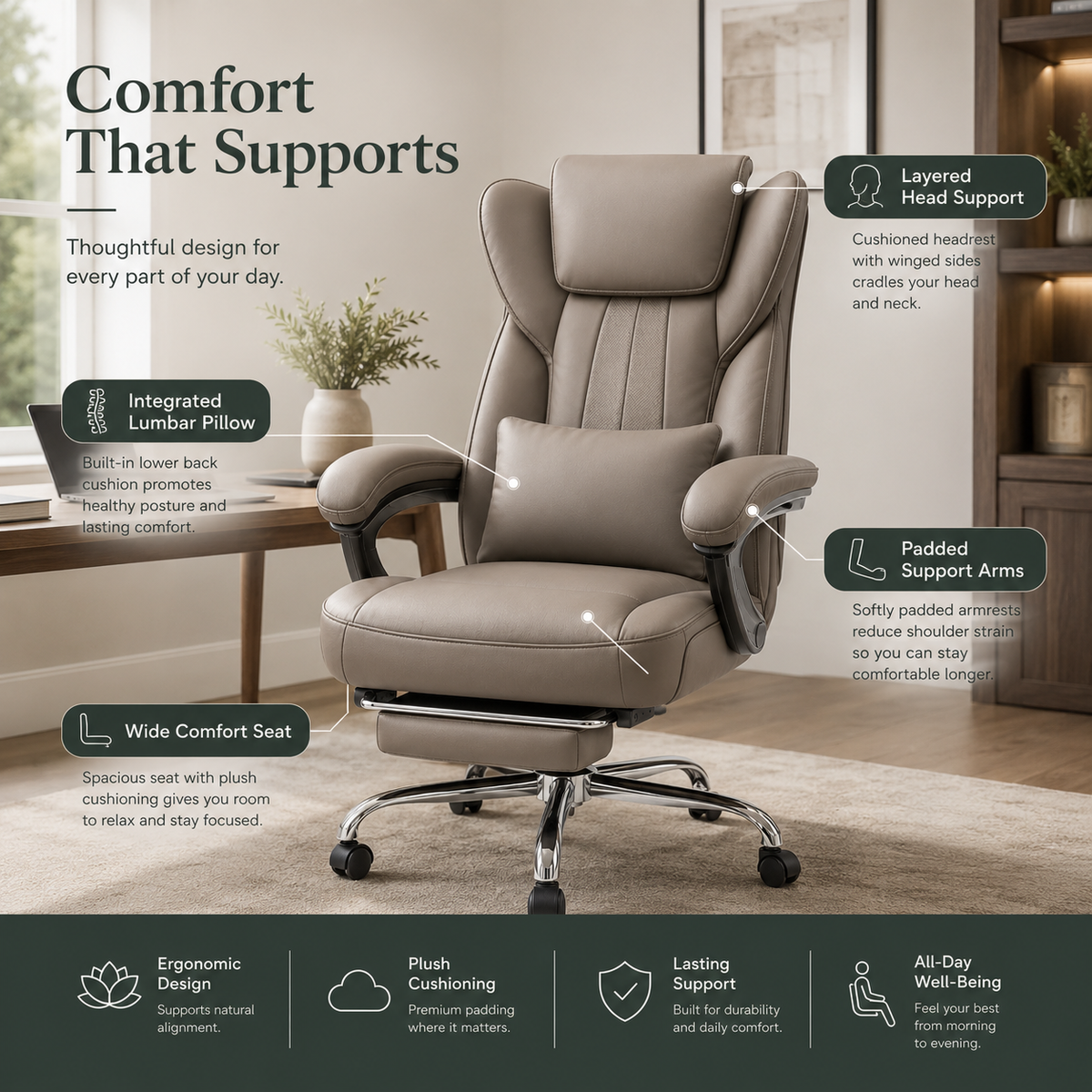 LumaRest Executive Reclining Office Chair with Pull Out Footrest, Wide Cushioned Seat, Lumbar Pillow, Padded Armrests and Adjustable Swivel Base