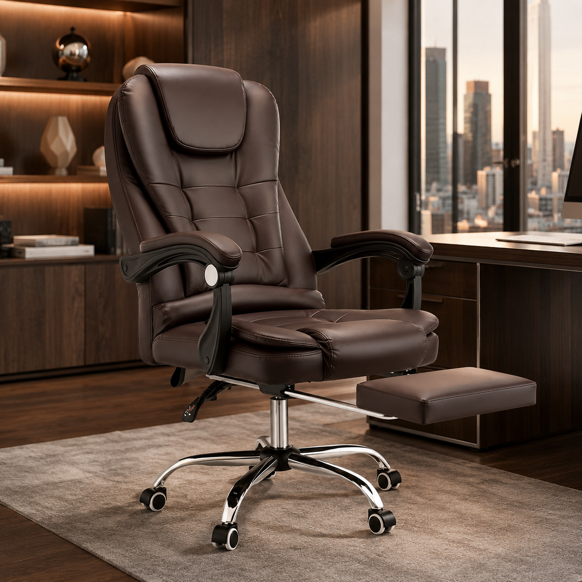 Ergonomic Executive Office Chair with Reclining Backrest, Extendable Footrest, Padded Armrests, Adjustable Height and PU Leather Finish for Home Office