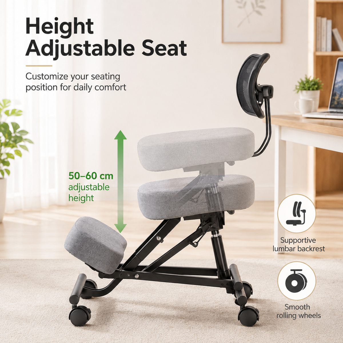 Ergonomic Kneeling Chair with Lumbar Backrest, Height Adjustable Seat, Cushioned Knee Pads and Rolling Wheels for Home Office