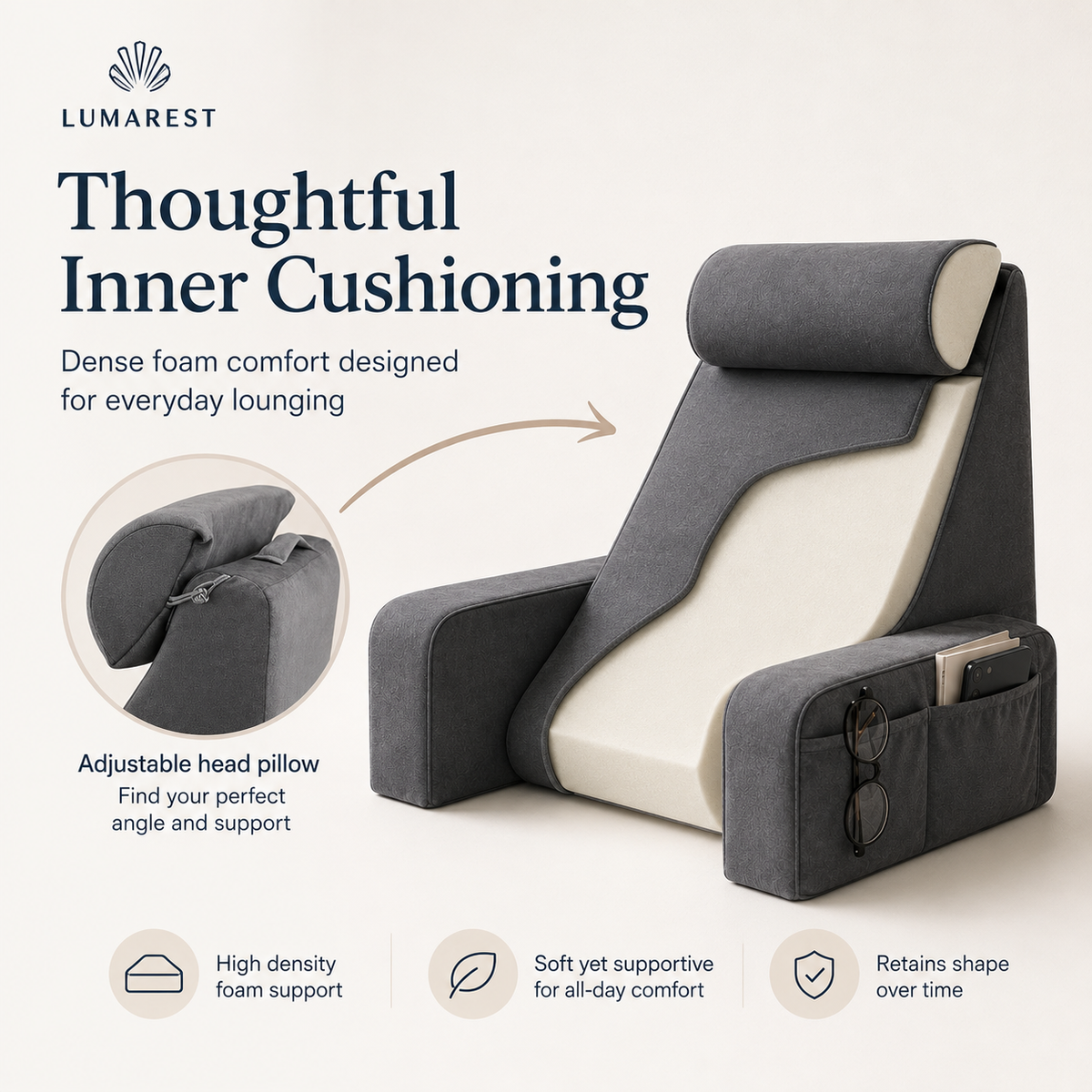 Extra Large Memory Foam Bed Reading Pillow with Armrests – Comfortable Back Support Cushion for Reading, TV, Gaming & Relaxing