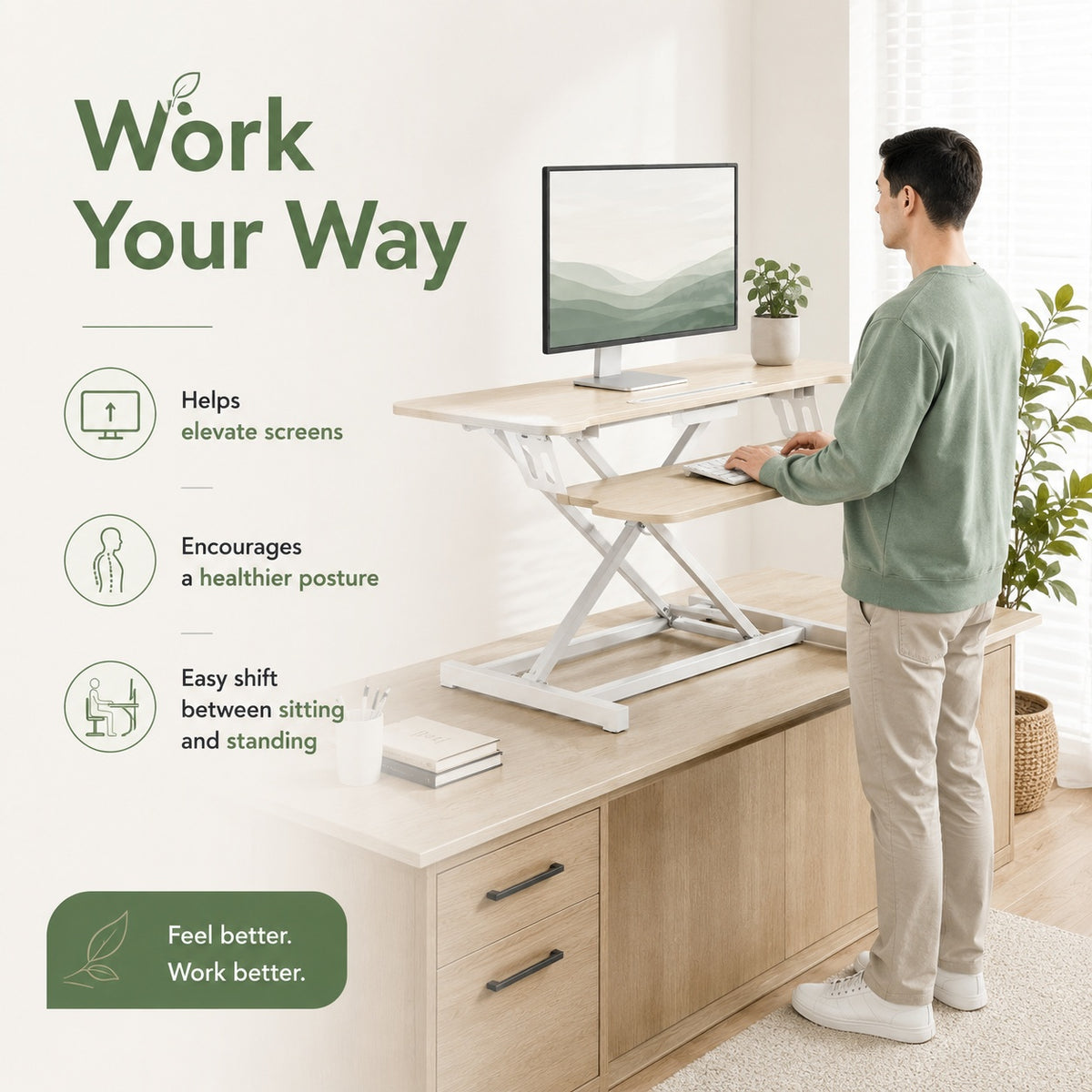RiseMate Standing Desk Converter, 80 x 40 cm Height Adjustable Desktop Workstation with Keyboard Tray, Device Slot, Gas Lift and Stable X-Frame