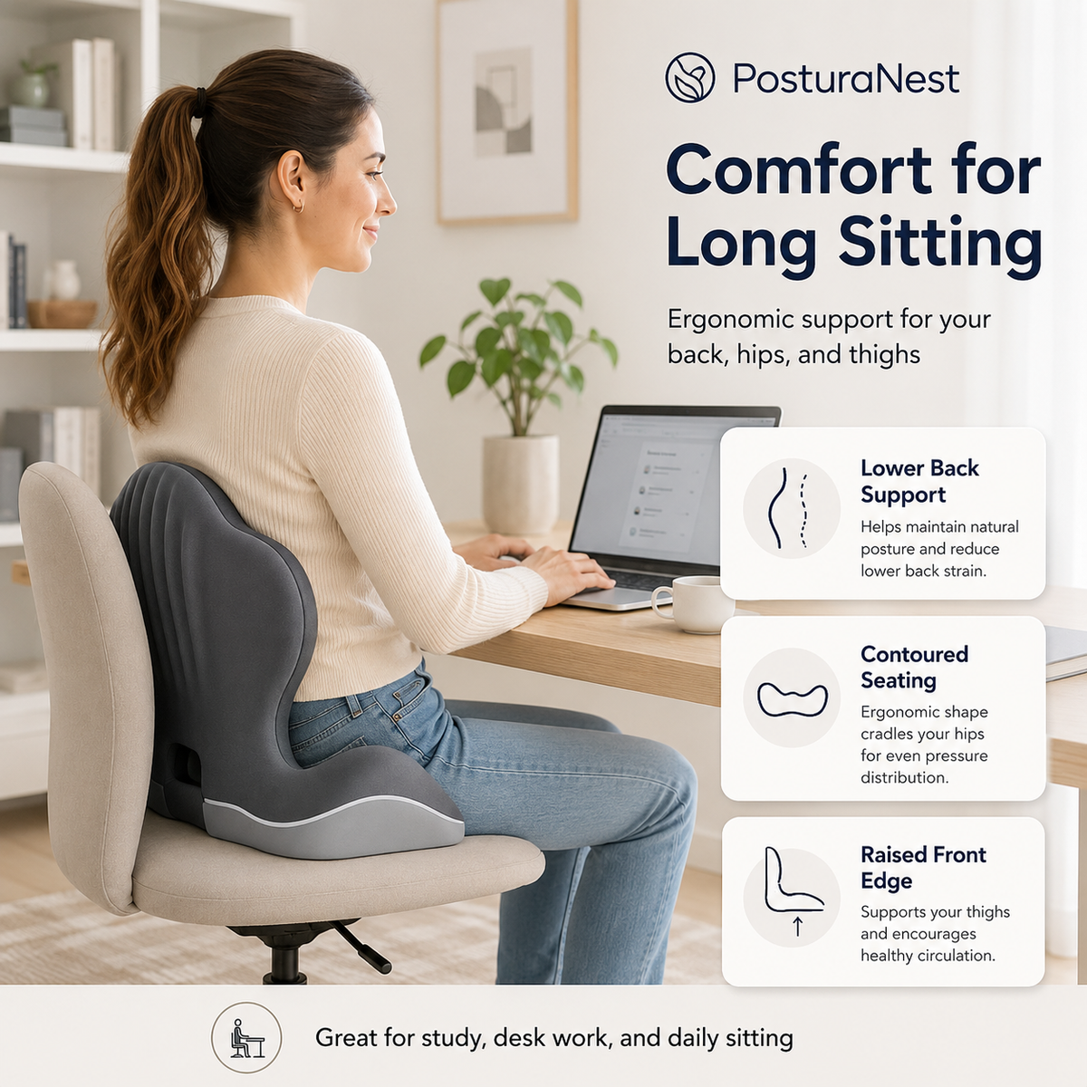 Ergonomic Seat Cushion with Lumbar Support – L-Shaped Memory Foam Back Rest with Removable Washable Cover for Office, Car & Home