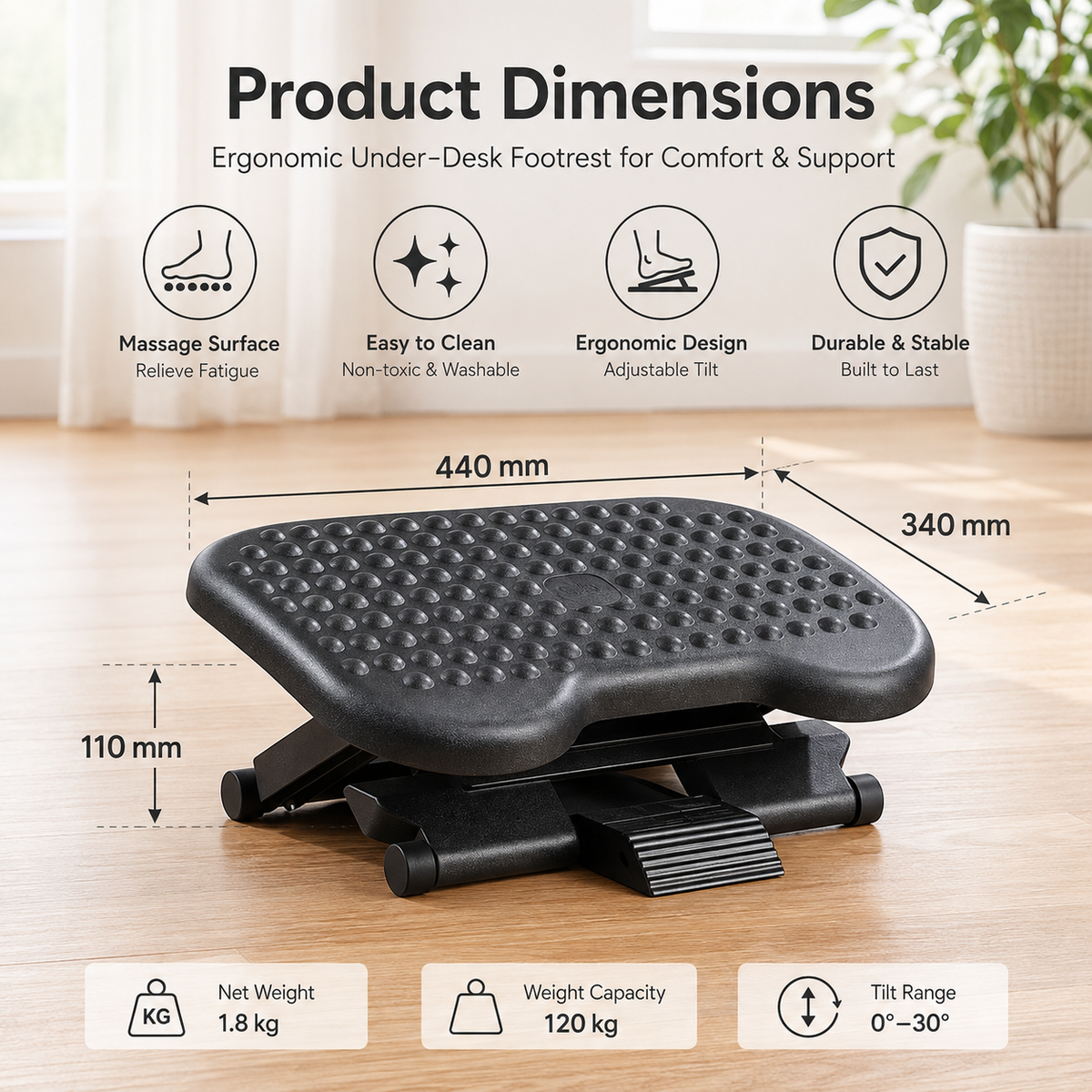 Adjustable Under Desk Footrest with Massage Texture, 3 Height Levels and Rocking Tilt, Non Slip Ergonomic Foot Stool for Office, Home and Study