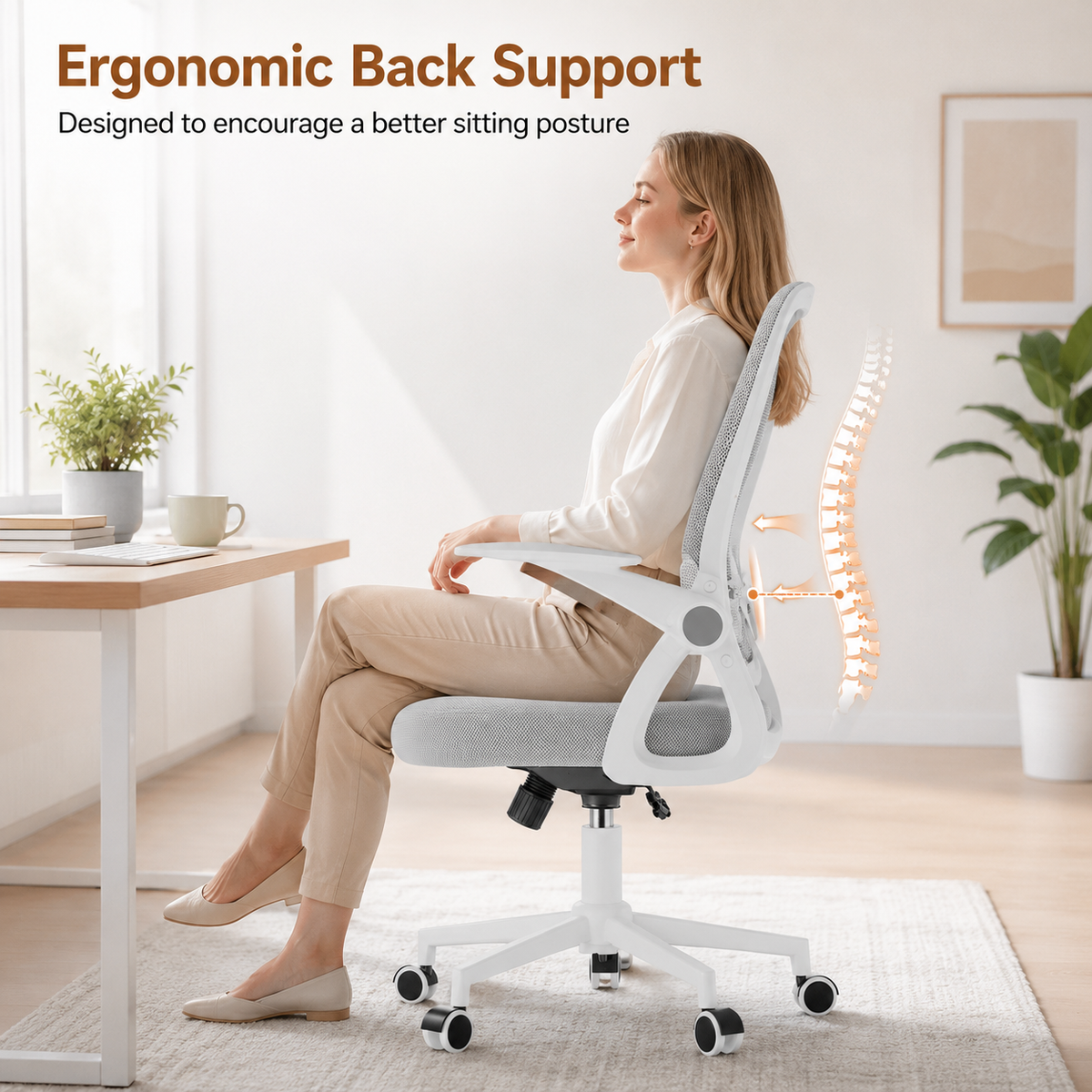 Ergonomic Mesh Office Chair with Adjustable Lumbar Support and Flip-Up Armrests for Home & Work Use