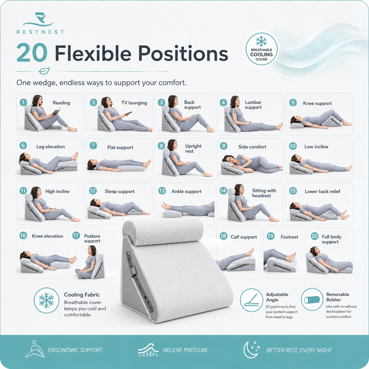 RestNest Adjustable Bed Wedge Pillow with Bolster | Cooling Knit Cover, 20 Flexible Positions, Memory Foam Comfort Support