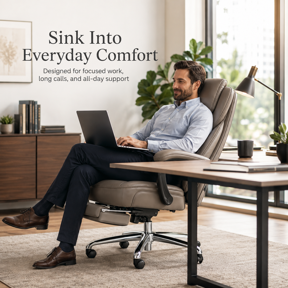 LumaRest Executive Reclining Office Chair with Pull Out Footrest, Wide Cushioned Seat, Lumbar Pillow, Padded Armrests and Adjustable Swivel Base