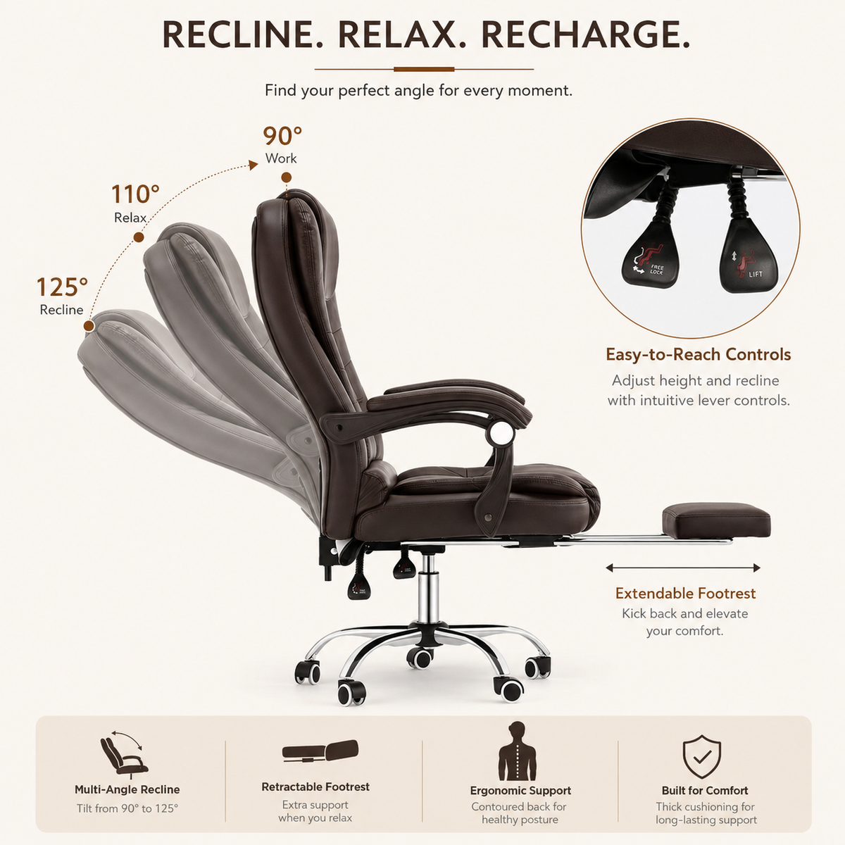 Ergonomic Executive Office Chair with Reclining Backrest, Extendable Footrest, Padded Armrests, Adjustable Height and PU Leather Finish for Home Office