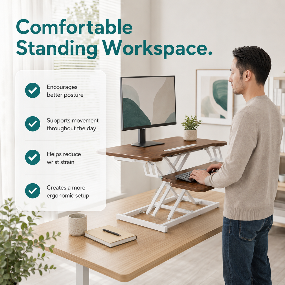 Height Adjustable Standing Desk Converter – Desktop Workstation Riser with Keyboard Tray, Dual Monitor Support & Tablet Holder, 80 x 40 cm