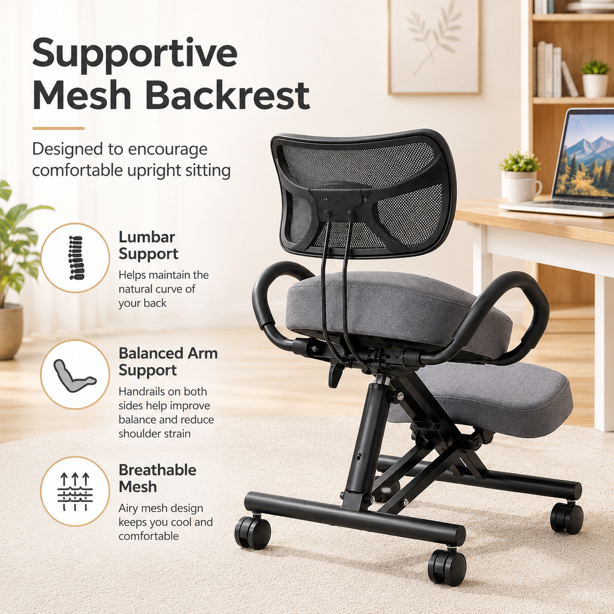 Ergonomic Kneeling Chair with Lumbar Backrest, Height Adjustable Seat, Cushioned Knee Pads and Rolling Wheels for Home Office