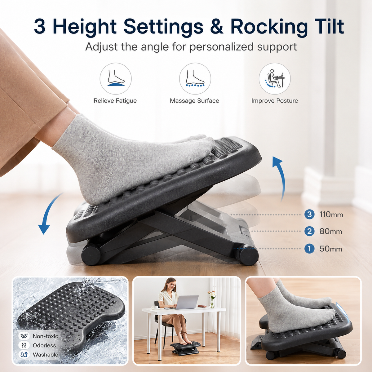 Adjustable Under Desk Footrest with Massage Texture, 3 Height Levels and Rocking Tilt, Non Slip Ergonomic Foot Stool for Office, Home and Study