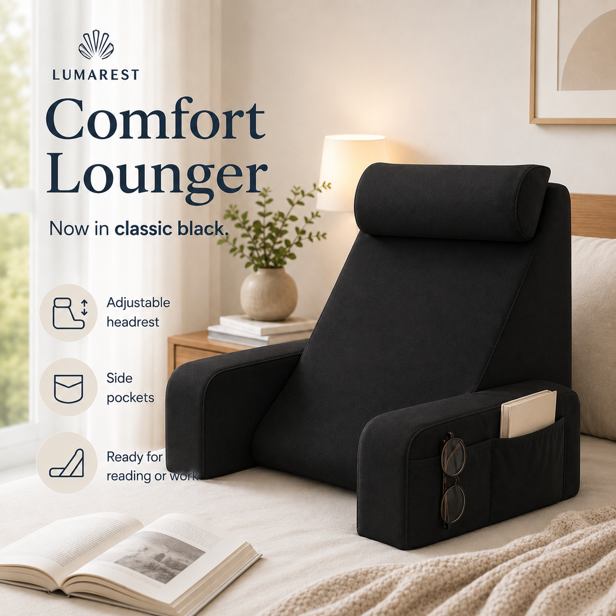 Extra Large Memory Foam Bed Reading Pillow with Armrests – Comfortable Back Support Cushion for Reading, TV, Gaming & Relaxing