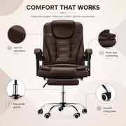 Ergonomic Executive Office Chair with Reclining Backrest, Extendable Footrest, Padded Armrests, Adjustable Height and PU Leather Finish for Home Office