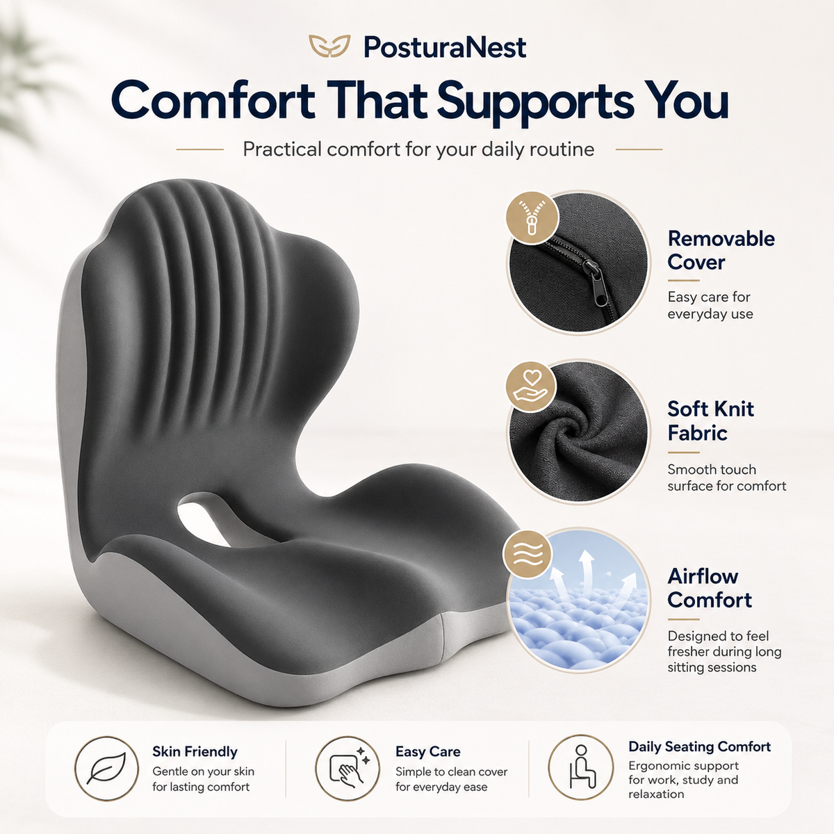 Ergonomic Seat Cushion with Lumbar Support – L-Shaped Memory Foam Back Rest with Removable Washable Cover for Office, Car & Home