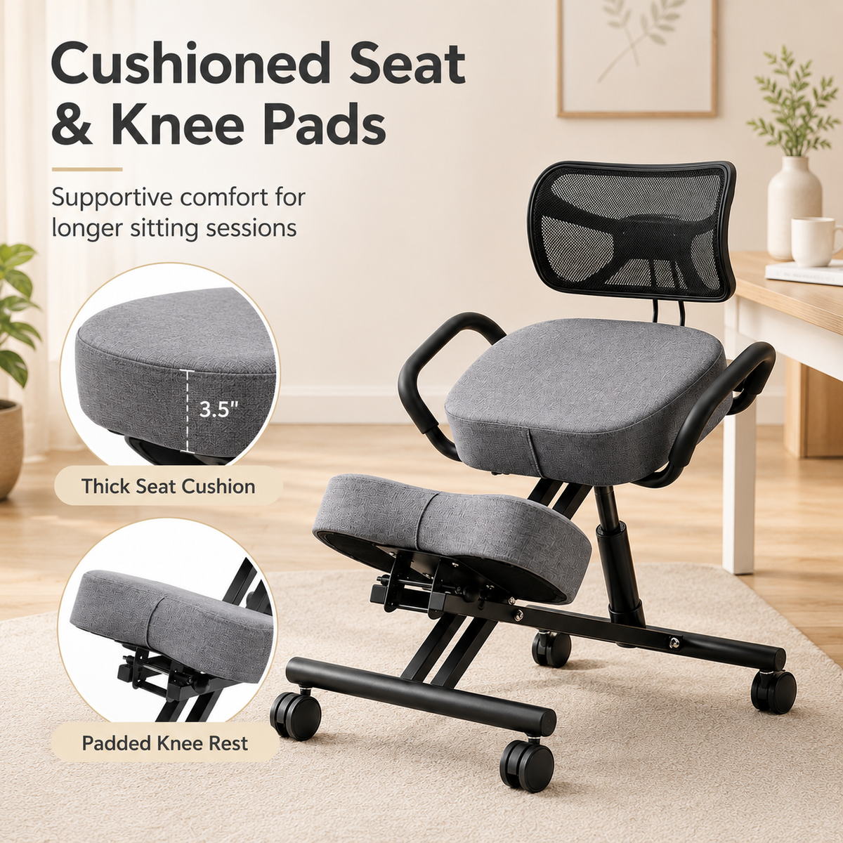 Ergonomic Kneeling Chair with Lumbar Backrest, Height Adjustable Seat, Cushioned Knee Pads and Rolling Wheels for Home Office