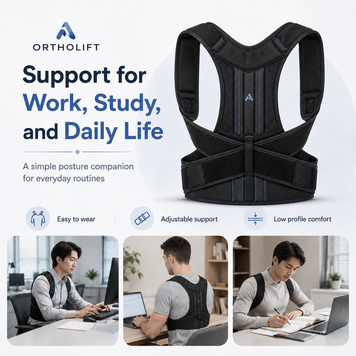 Adjustable Posture Support Belt for Men & Women – Comfortable Back and Shoulder Alignment Brace for Sitting, Standing & Daily Wear