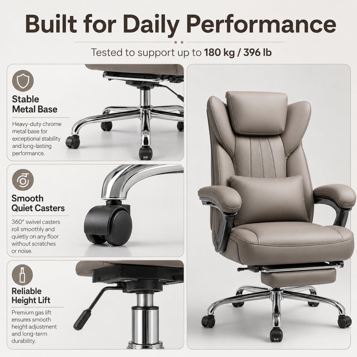 LumaRest Executive Reclining Office Chair with Pull Out Footrest, Wide Cushioned Seat, Lumbar Pillow, Padded Armrests and Adjustable Swivel Base
