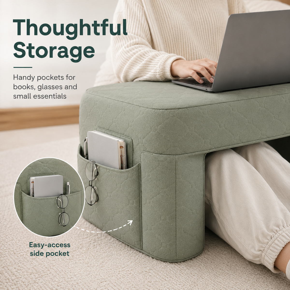 Oversized Reading Support Pillow with Side Pockets, Memory Foam Lap Desk Cushion for Reading, Gaming, Working and Relaxing