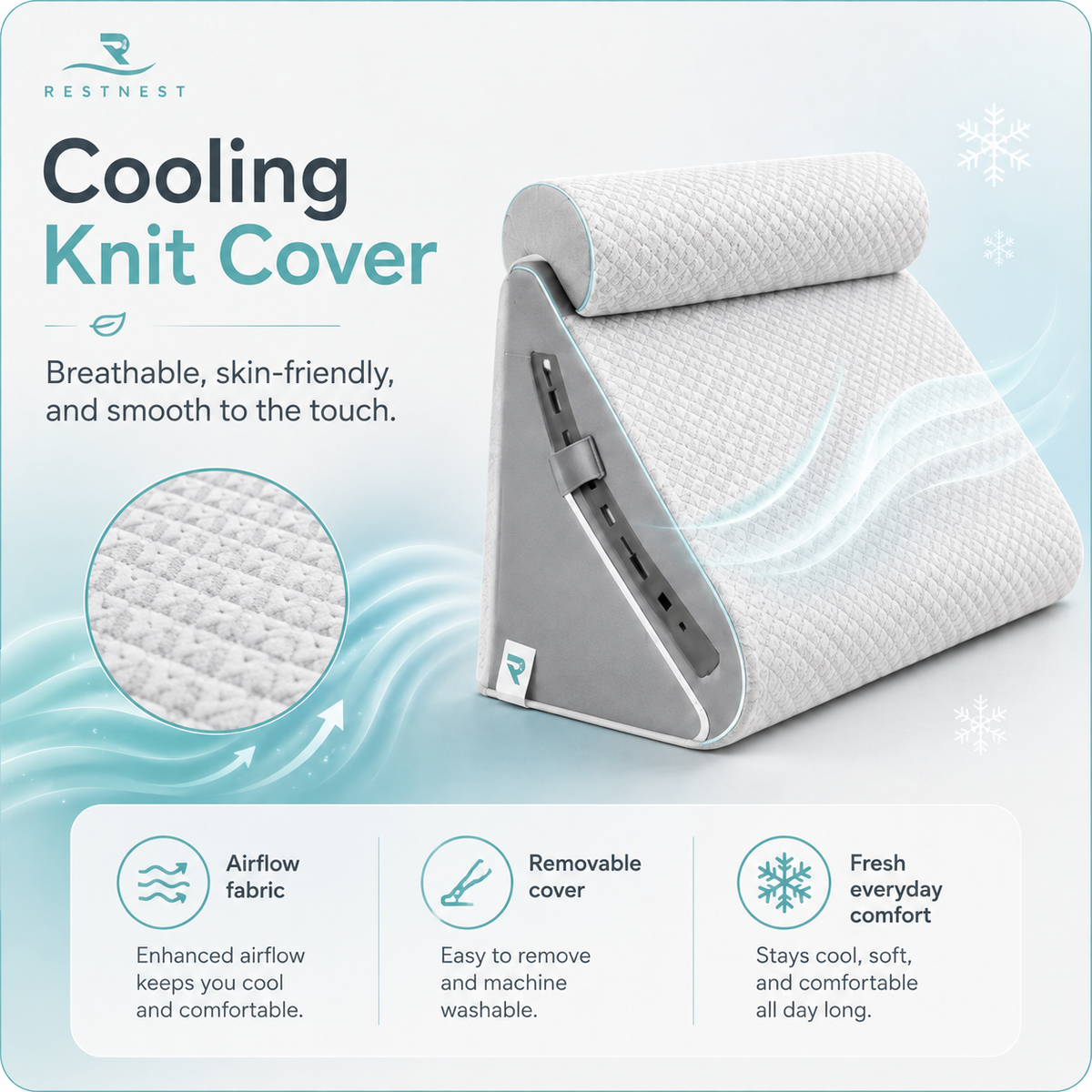 RestNest Adjustable Bed Wedge Pillow with Bolster | Cooling Knit Cover, 20 Flexible Positions, Memory Foam Comfort Support