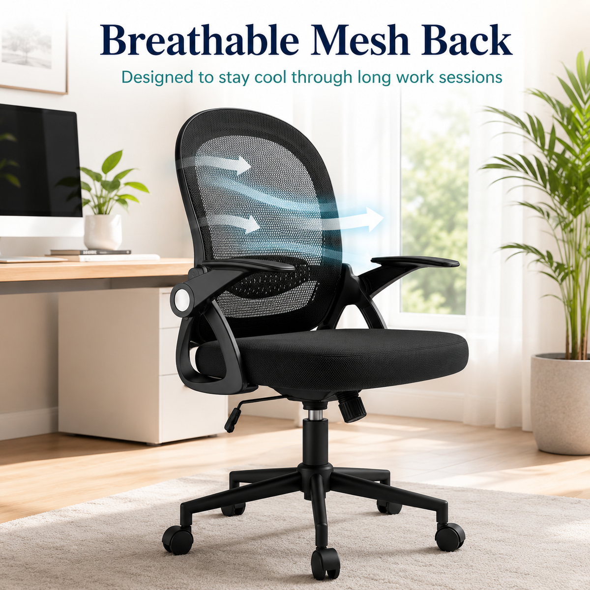 Ergonomic Mesh Office Chair with Adjustable Lumbar Support and Flip-Up Armrests for Home & Work Use