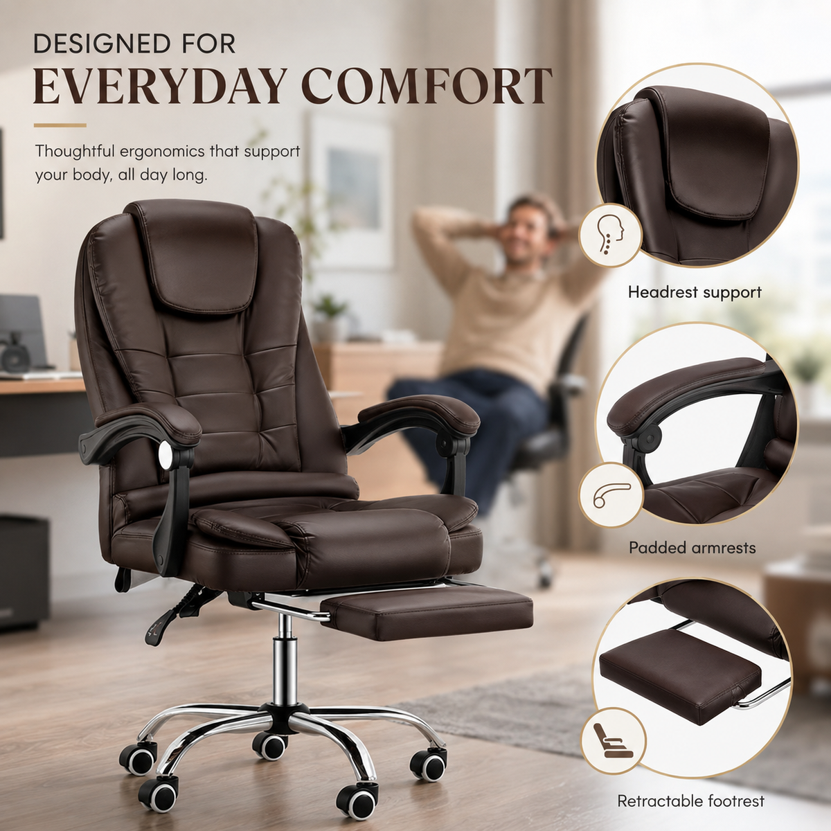 Ergonomic Executive Office Chair with Reclining Backrest, Extendable Footrest, Padded Armrests, Adjustable Height and PU Leather Finish for Home Office