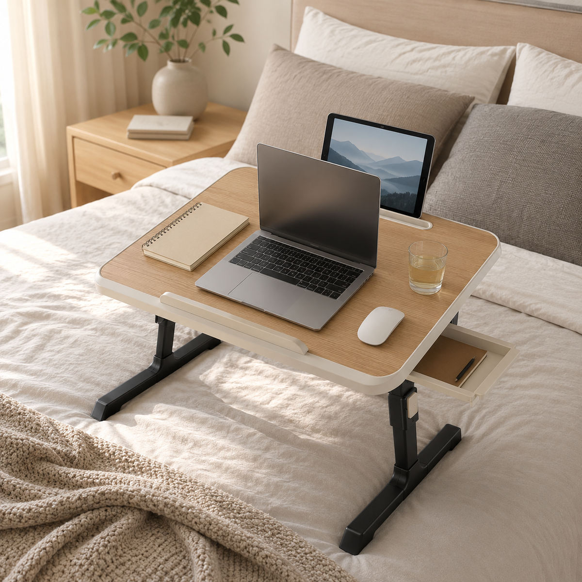 Adjustable Folding Laptop Bed Desk with Tilting Top, Tablet Slot & Storage Drawer