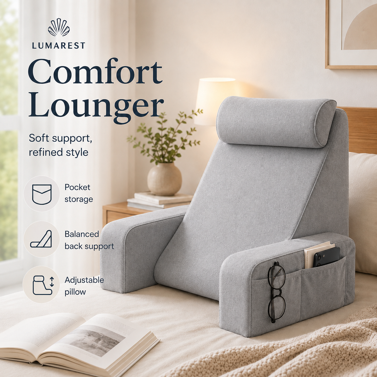 Extra Large Memory Foam Bed Reading Pillow with Armrests – Comfortable Back Support Cushion for Reading, TV, Gaming & Relaxing
