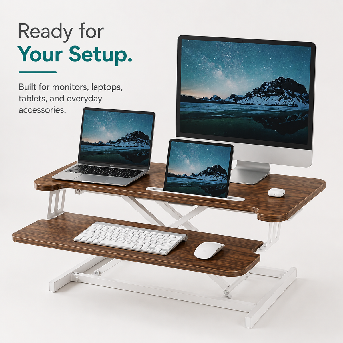 Height Adjustable Standing Desk Converter – Desktop Workstation Riser with Keyboard Tray, Dual Monitor Support & Tablet Holder, 80 x 40 cm