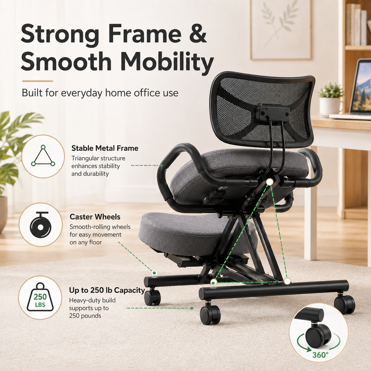 Ergonomic Kneeling Chair with Lumbar Backrest, Height Adjustable Seat, Cushioned Knee Pads and Rolling Wheels for Home Office