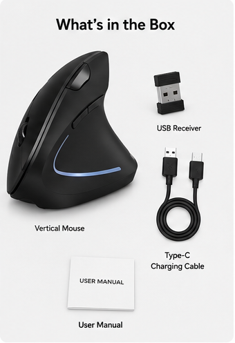 Ergonomic Vertical Wireless Mouse – Rechargeable Bluetooth Mouse with USB Receiver, 6 Buttons, Adjustable DPI and Quiet Clicks for Right-Handed Users